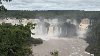 Die beeindruckenden Iguazú-Wasserfälle stürzen kraftvoll in den Fluss, umgeben von üppiger grüner Vegetation.