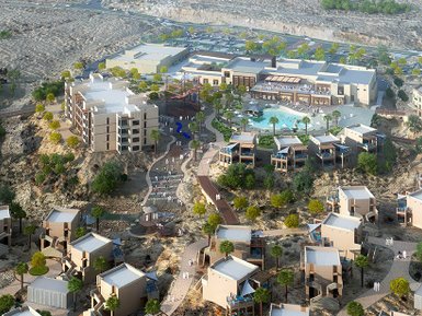 Moderne Außenansicht des dusitD2 Naseem Resorts inmitten der Berglandschaft am Jebel Akhdar – Oman Reise mit Kindern