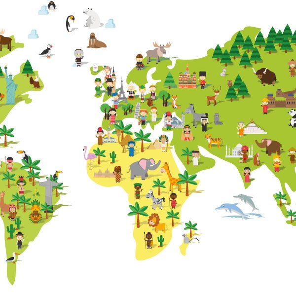 Eine bunte Weltkarte mit verschiedenen Tieren und Menschen, die kulturelle Vielfalt und Natur darstellen.