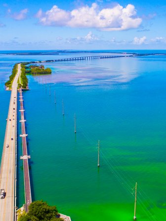 Eine malerische Aussicht auf die lange Brücke, die über das türkisfarbene Wasser von Florida führt, umgeben von üppigem Grün.