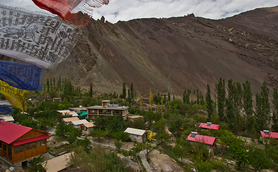 Bunte Gebetsfahnen wehen über einem malerischen Resort in Ladakh, umgeben von grünen Bäumen und majestätischen Bergen.
