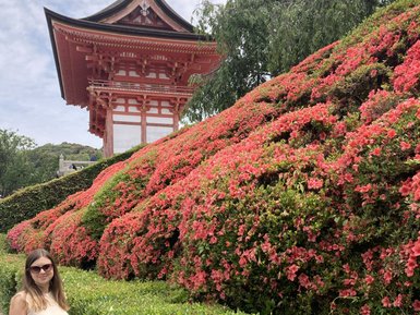 Eine Frau steht lächelnd vor dem Kiyomizu-dera Tempel, umgeben von leuchtend rosa Blumen und grünen Hecken.