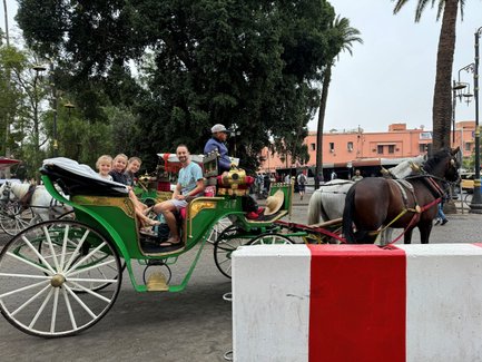 Familie genießt eine traditionelle Kutschfahrt durch die Straßen von Marrakesch – Marokko Familienreise