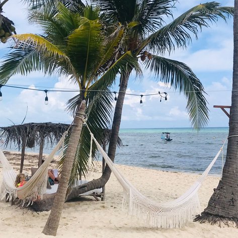 Eine entspannte Szene am Strand mit Hängematten zwischen Palmen und einem Boot im Hintergrund auf dem Wasser.