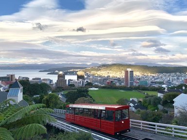 Eine rote Standseilbahn fährt durch eine grüne Landschaft mit Blick auf die Stadt Wellington und das Meer im Hintergrund.