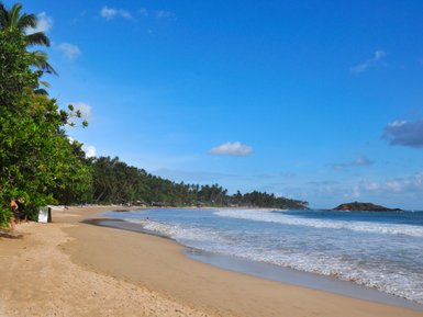 Palmen säumen den feinsandigen Strand vor dem Mirissa Beach Inn – Sri Lanka Reise mit Kindern