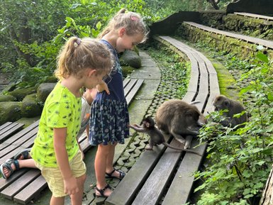 Kinder beobachten und interagieren mit Affen im Sacred Monkey Forest Sanctuary – Bali Familienreise