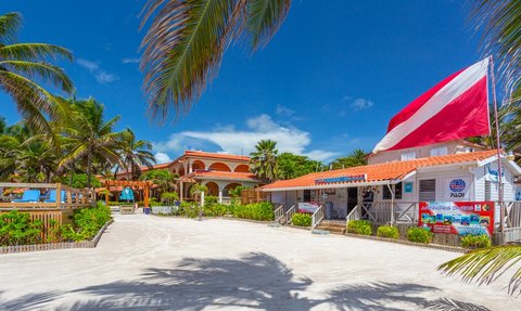 Ein sonniger Strand mit Palmen umrahmt ein einladendes Hotel mit rotem Dach und einem Tauchzentrum im Vordergrund.