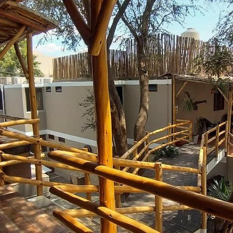 Ein Blick auf eine Holzterrasse mit einem geschwungenen Geländer, umgeben von Bäumen und modernen Gebäuden im Hintergrund.