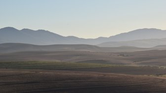 Eine weite Landschaft mit sanften Hügeln und Bergen im Hintergrund, die in sanften Farben der Morgendämmerung leuchten.