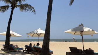 Am Strand von Goa entspannen Menschen auf Liegen unter Sonnenschirmen, umgeben von Palmen und dem blauen Himmel.