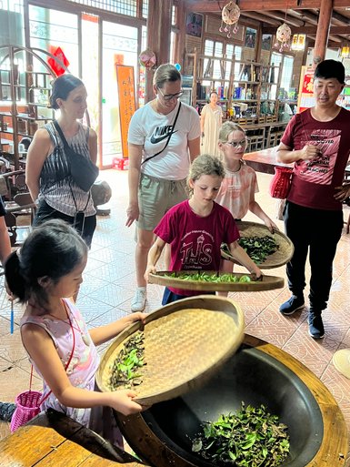 Kinder lernen in Guilin, wie frisch gepflückte Teeblätter traditionell verarbeitet werden – China mit Kindern