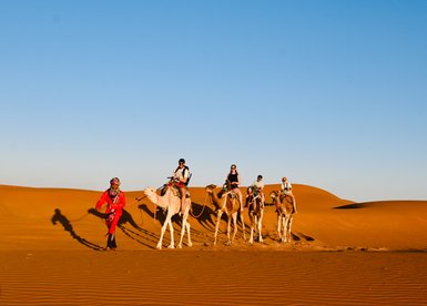 Familie zieht gemeinsam mit einer Kamelkarawane durch die Wüstenlandschaft der Sahara – Familienreise nach Marokko