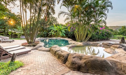 Ein einladender Außenbereich mit einem natürlichen Pool, umgeben von üppigem Grün und Palmen, ideal zum Entspannen.