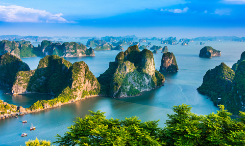 Eine atemberaubende Aussicht auf die Kalksteininseln von Ha Long Bay, umgeben von klarem, blauem Wasser und grünem Laub.