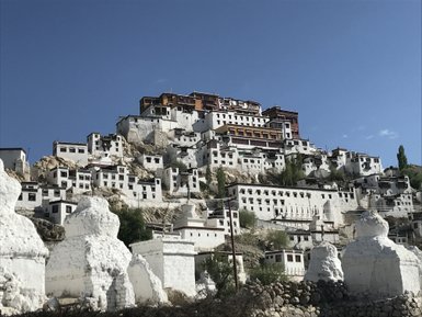 Die beeindruckende Klosteranlage Thiksey thront majestätisch auf einem Hügel, umgeben von weißen Stupas und klarem blauen Himmel.