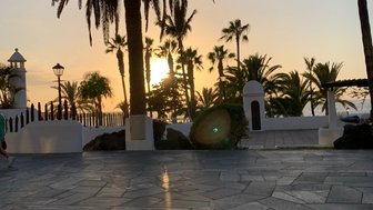 Eine malerische Küstenpromenade mit Palmen, die im Sonnenuntergang sanft beleuchtet werden, schafft eine entspannte Atmosphäre.
