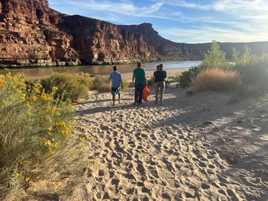 Drei Personen gehen entlang eines sandigen Weges, umgeben von gelben Blumen und Blick auf den Colorado River.