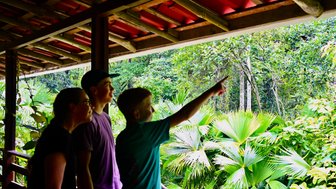 Drei Kinder stehen an einem überdachten Platz und zeigen begeistert auf die üppige Junglelandschaft außerhalb.