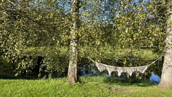 Eine Hängematte aus Schnüren hängt zwischen zwei Bäumen, umgeben von grünem Gras und einem ruhigen Teich im Hintergrund.