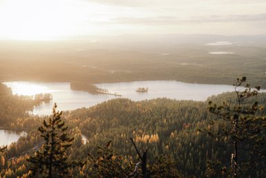 Ein atemberaubender Blick auf einen See, umgeben von buntem Herbstwald und sanften Hügeln im warmen Licht der Abenddämmerung.