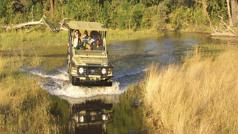 Ein Geländewagen fährt durch ein Wasserloch in der afrikanischen Savanne, umgeben von üppigem Grün und hohem Gras.