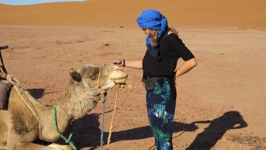 Reisende streichelt ein Kamel in der marokkanischen Sahara – Marokko mit Kindern