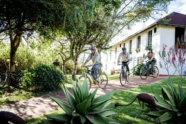 Gruppe von drei Menschen unterwegs auf Basahy-Fahrrädern – Tansania Familienreise