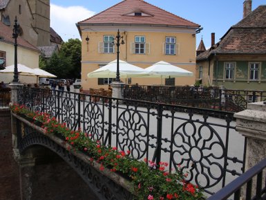 Eine malerische Brücke mit kunstvollem Geländer, umgeben von blühenden Blumen und historischen Gebäuden in Sibiu.