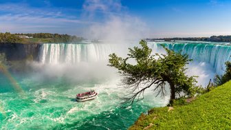 Die Niagarafälle stürzen majestätisch in den türkisfarbenen Fluss, während ein Boot mit Touristen in der Nähe fährt.