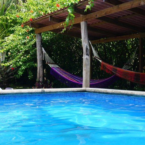 Ein klarer Pool spiegelt das Sonnenlicht wider, umgeben von üppigem Grün und bunten Hängematten, die zur Entspannung einladen.