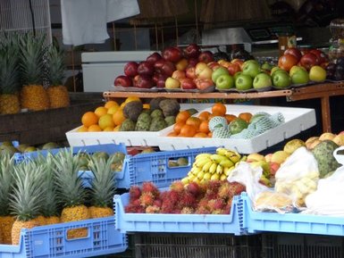 Frisches Obst vielfältig präsentiert auf Marktstand – Costa Rica Familienreise