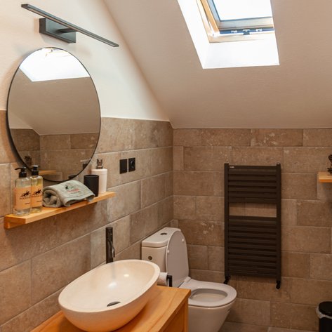 Ein modernes Badezimmer mit einem ovalen Spiegel, einer eleganten Waschschüssel und stilvollen Fliesenwänden.