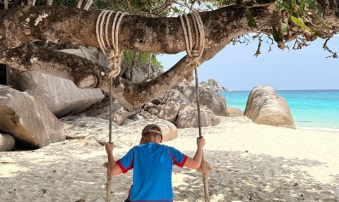 Ein Junge sitzt auf einer Holzschaukel, umgeben von einem malerischen Strand und sanften Wellen im Hintergrund.