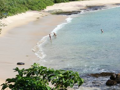Badegäste schwimmen im türkisblauen Meer – Sri Lanka Familienreise