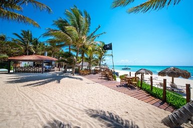 Ein sonniger Strand mit Palmen, einem Restaurant im Hintergrund und einem Boot, das sanft auf dem Wasser schaukelt.