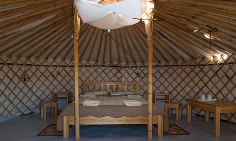 Ein gemütliches Zimmer in einem traditionellen Jurtenzelt mit einem großen Bett und Holzstühlen, umgeben von einem warmen Ambiente.