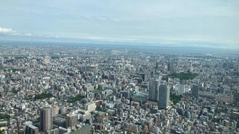 Ein atemberaubender Blick auf die weitläufige Stadtlandschaft von Tokio, mit zahlreichen Gebäuden und einem klaren Himmel.
