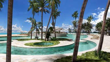 Ein tropisches Resort mit einem glitzernden Pool, umgeben von Palmen und einem atemberaubenden blauen Himmel.