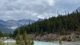 Ein ruhiger Fluss fließt durch eine bewaldete Landschaft, umgeben von majestätischen Bergen und bewölktem Himmel.