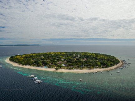 Eine Luftaufnahme von Balicasag Island zeigt eine üppige grüne Landschaft umgeben von klarem, blauem Wasser und Booten.