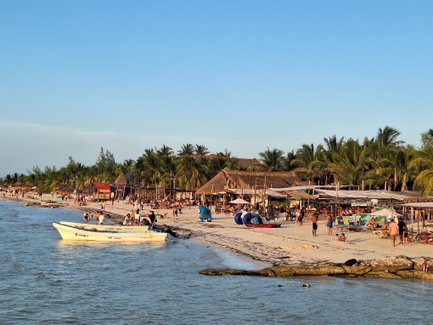 Ein belebter Strand mit vielen Menschen, die sich entspannen, während Palmen im Hintergrund sanft im Wind wiegen.