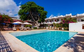 Ein einladender Pool umgeben von Liegen und einem großen Baum, ideal für entspannte Tage im Freien.