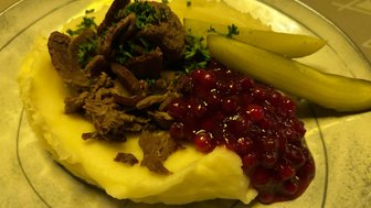 Ein Teller mit cremigem Kartoffelpüree, belegt mit zartem Rentierfleisch und frischen Kräutern, umgeben von Gurken.