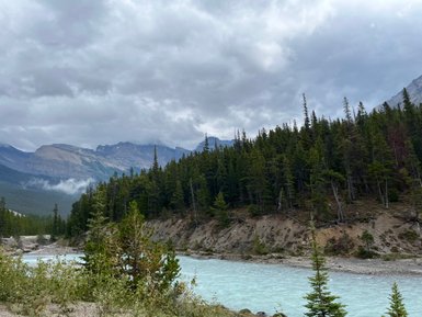Ein ruhiger Fluss fließt durch eine bewaldete Landschaft, umgeben von majestätischen Bergen und bewölktem Himmel.