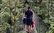 Familie geht über Hängebrücke mitten im Regenwald - Cost Rica für Familien