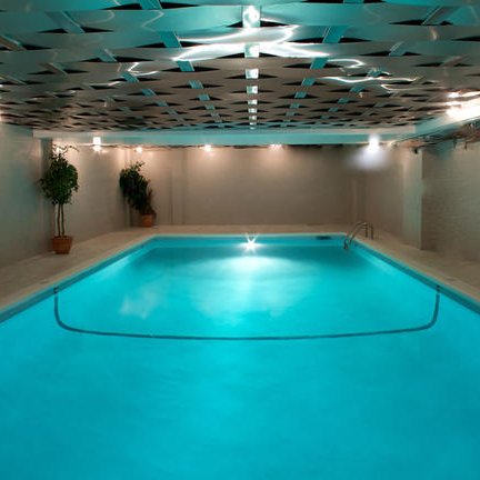 Ein eleganter Innenpool mit leuchtend blauem Wasser, umgeben von modernen Wänden und sanften Pflanzen in Töpfen.