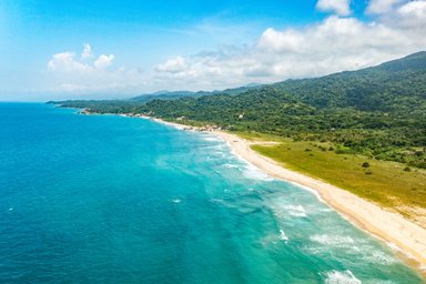 Ein atemberaubender Blick auf den Strand von Tayrona, umgeben von üppigem Grün und klarem, blauem Wasser.