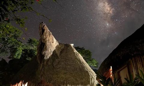 Eine malerische Ökohütte mit Strohdach steht unter einem klaren Nachthimmel voller Sterne und der Milchstraße.