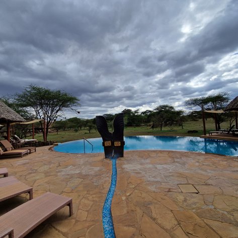 Ein einladender Poolbereich mit Liegen, umgeben von üppiger Natur und dramatischen Wolken am Himmel.